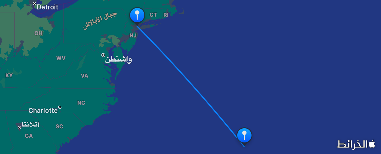 خريطة الرحلة من برمودا إلى نيويورك