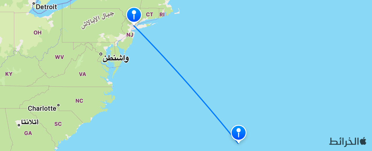 خريطة الرحلة من برمودا إلى نيويورك