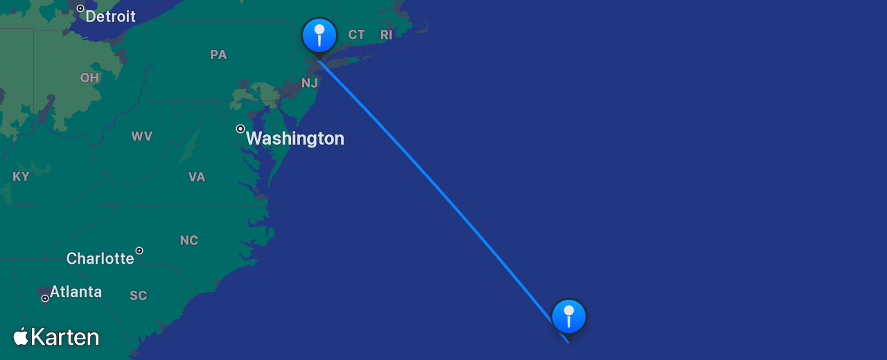 Karte des Flugs von Bermuda nach New York