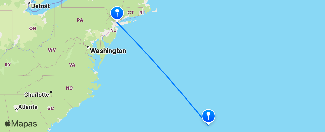 Mapa del vuelo de Bermudas a Nueva York