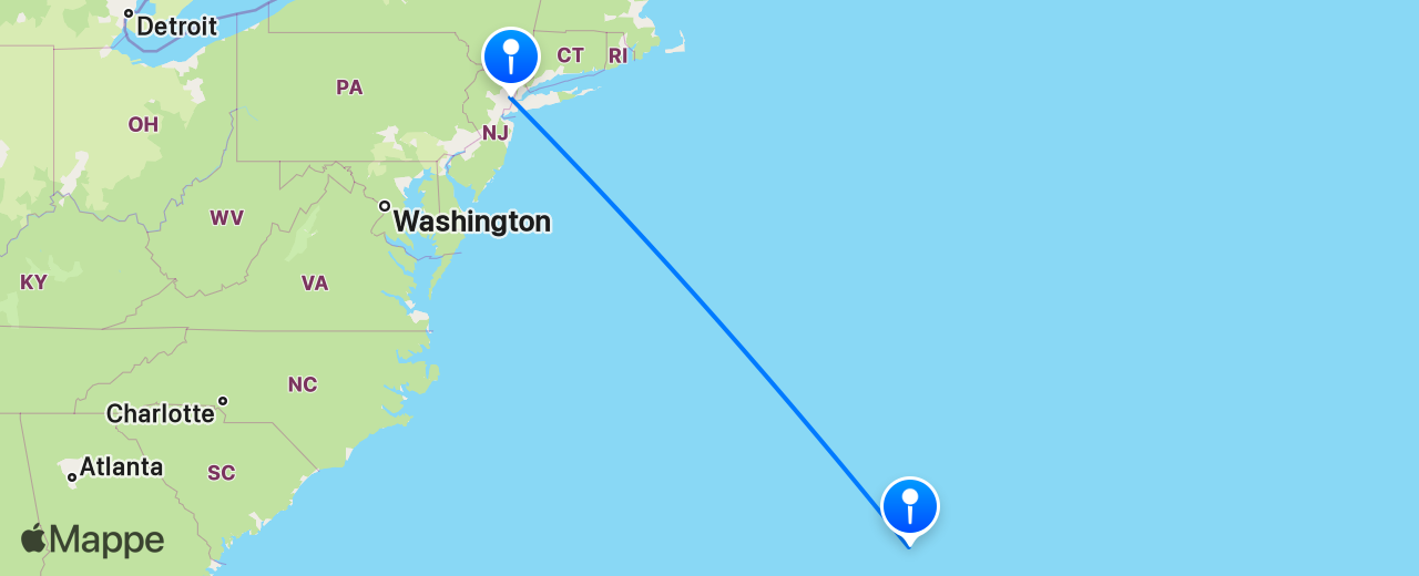 Mappa del volo da Bermuda a New York