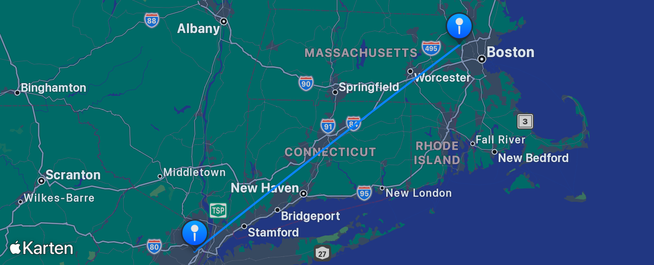 Karte des Flugs von New York nach Boston
