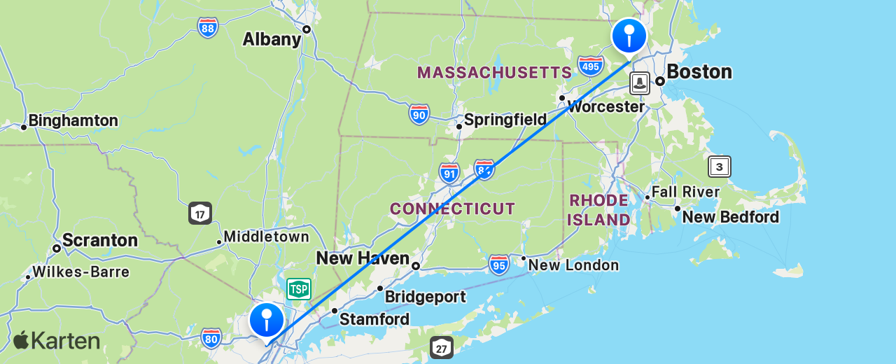 Karte des Flugs von New York nach Boston