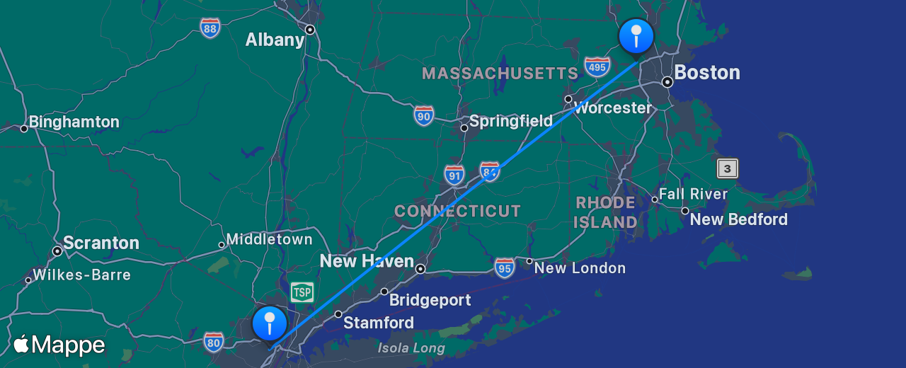 Mappa del volo da New York a Boston