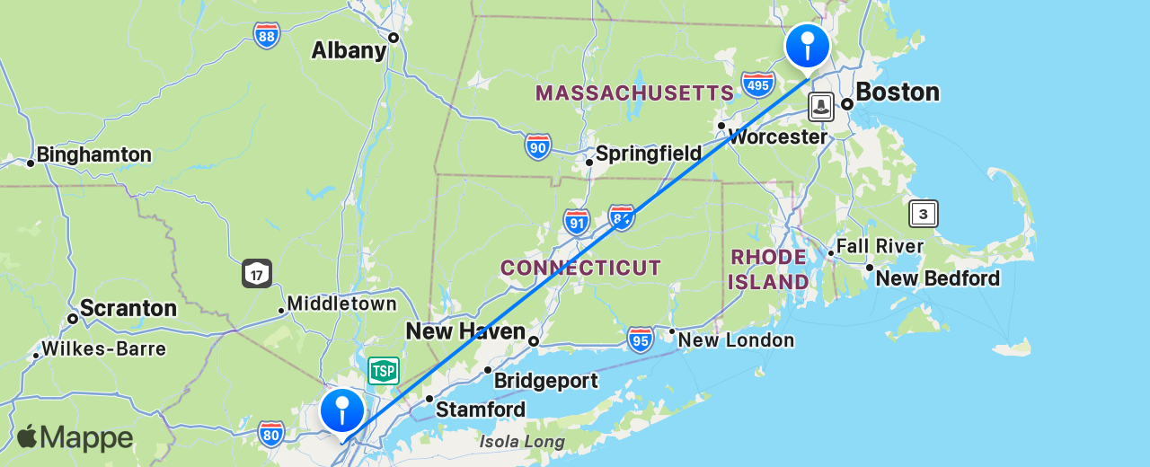 Mappa del volo da New York a Boston