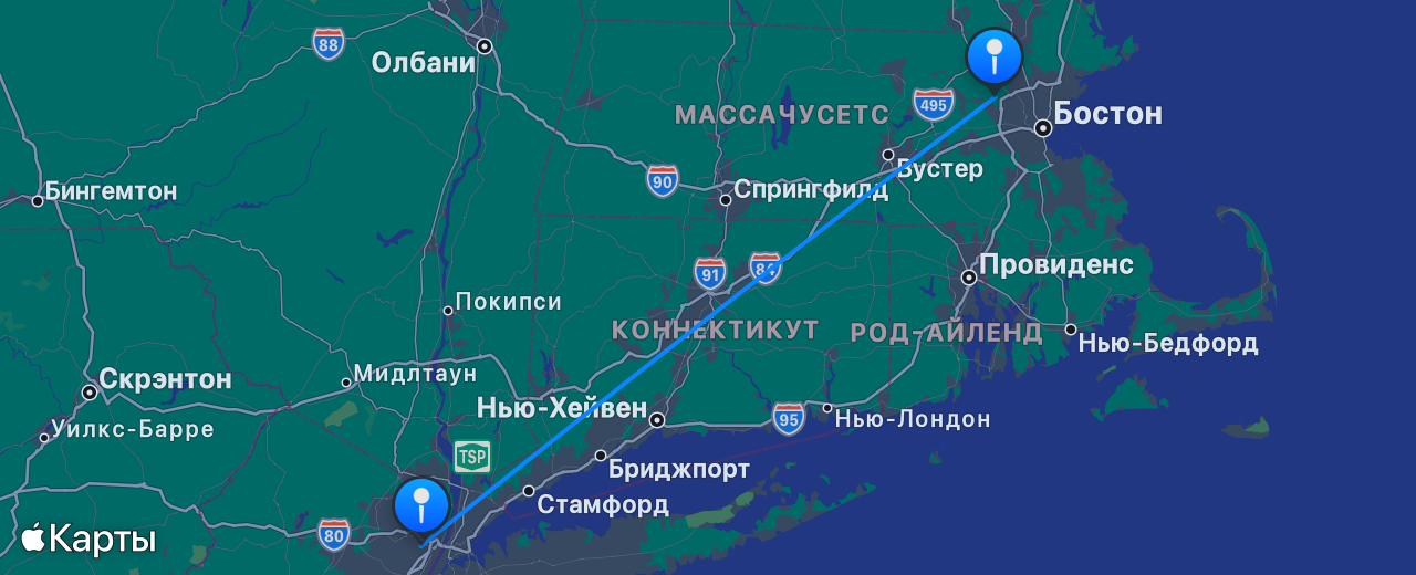 Карта перелёта Нью-Йорк — Бостон