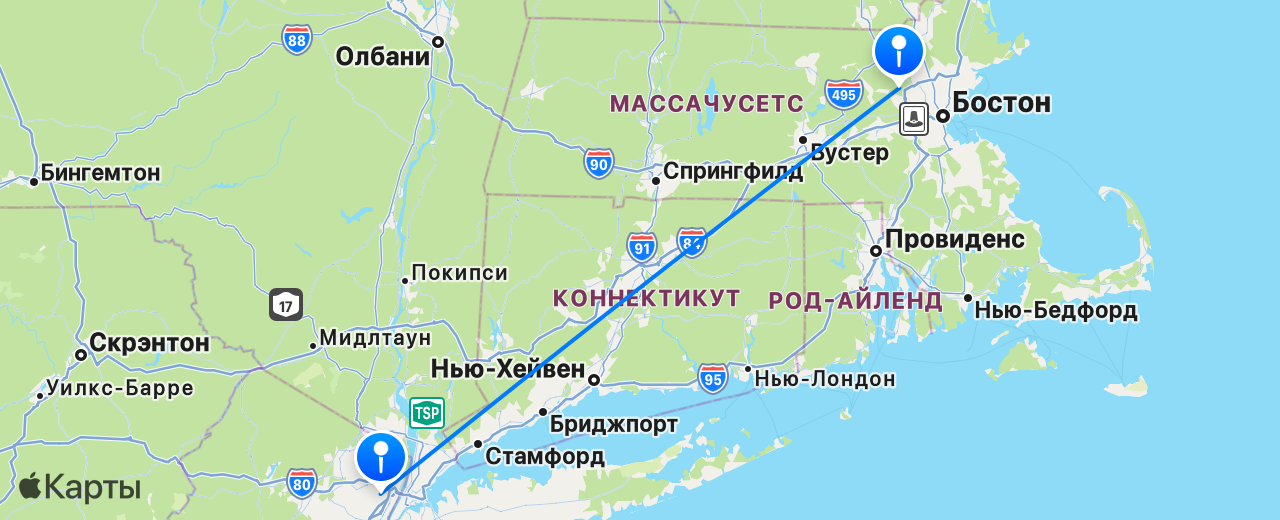 Карта перелёта Нью-Йорк — Бостон