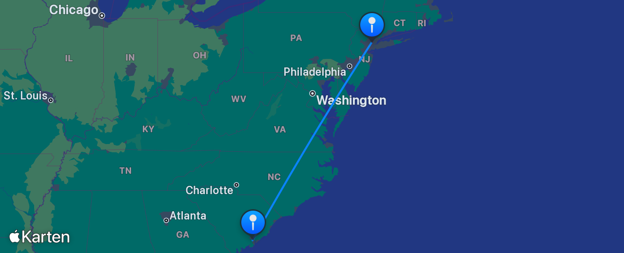 Karte des Flugs von Charleston nach New York