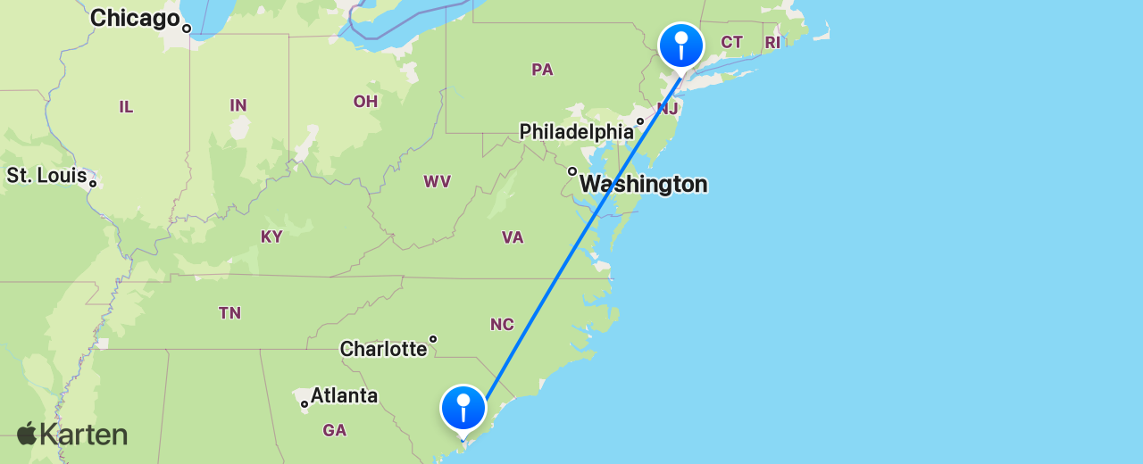 Karte des Flugs von Charleston nach New York