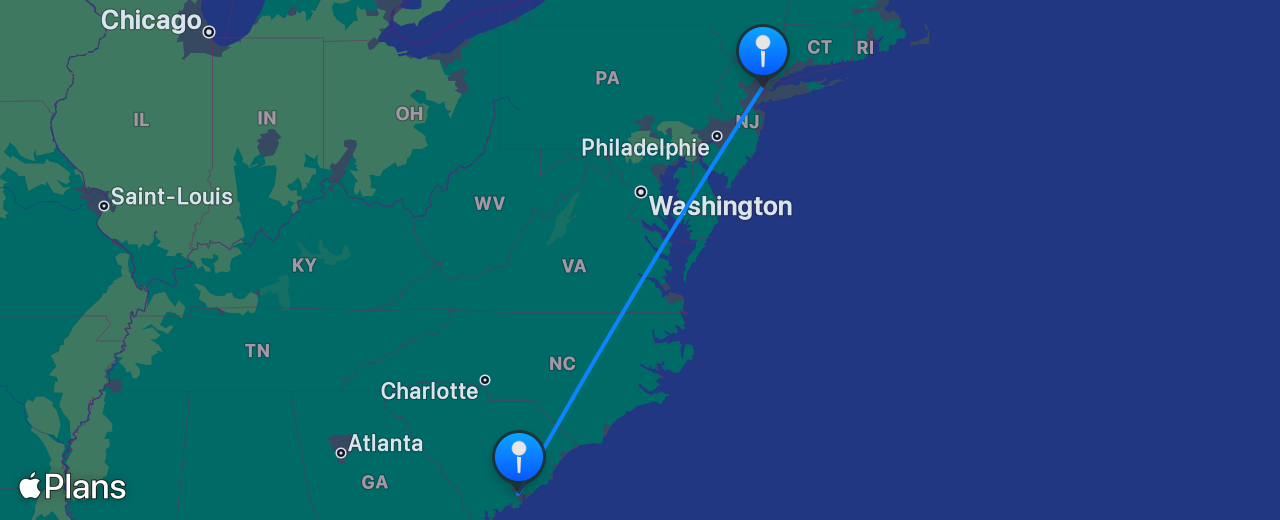 Carte du vol de Charleston vers New York