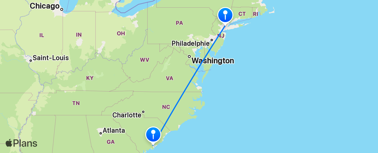 Carte du vol de Charleston vers New York