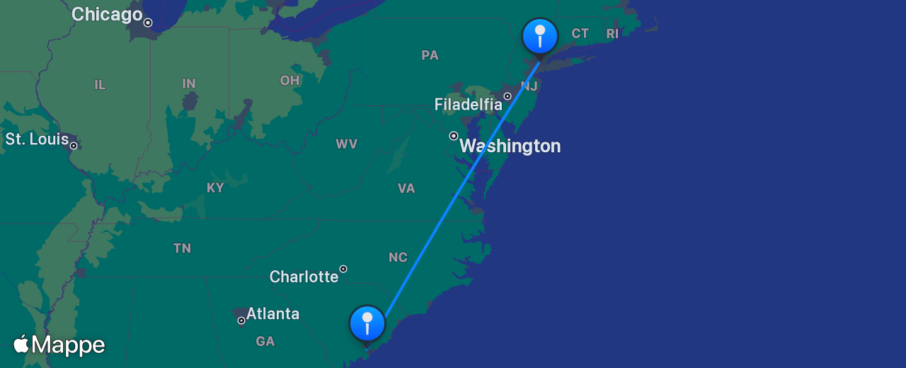 Mappa del volo da Charleston a New York