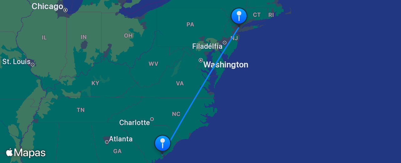 Mapa do voo de Charleston para Nova York