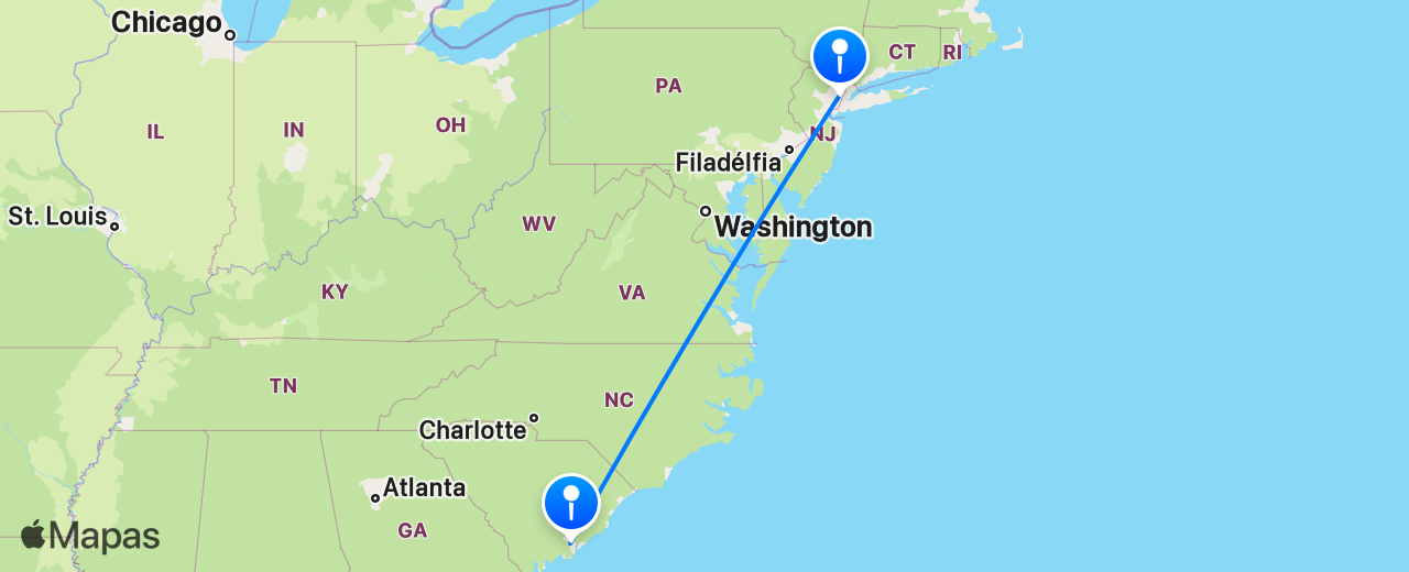 Mapa do voo de Charleston para Nova York