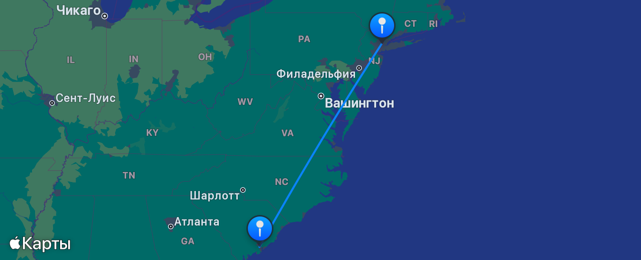 Карта перелёта Нью-Йорк — Чарлстон
