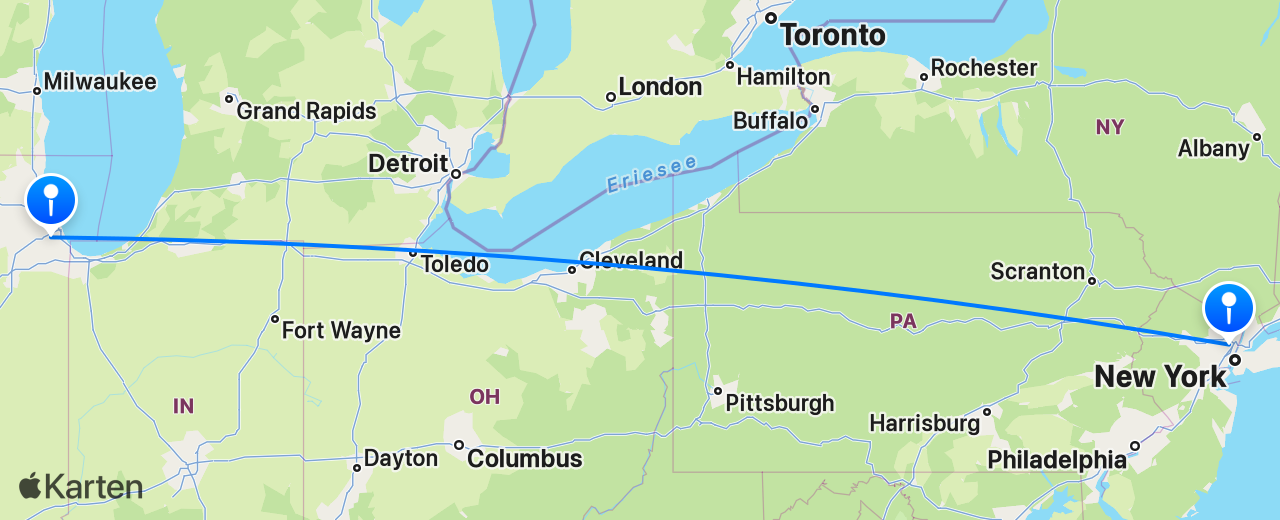 Karte des Flugs von Chicago nach New York