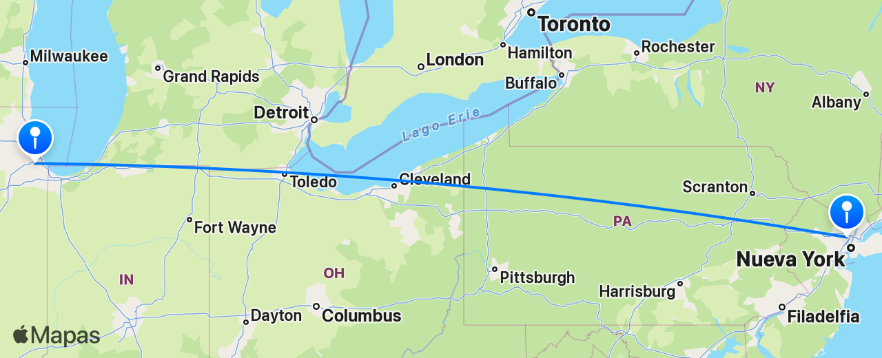 Mapa del vuelo de Chicago a Nueva York