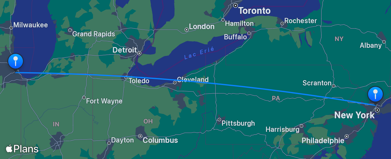 Carte du vol de Chicago vers New York