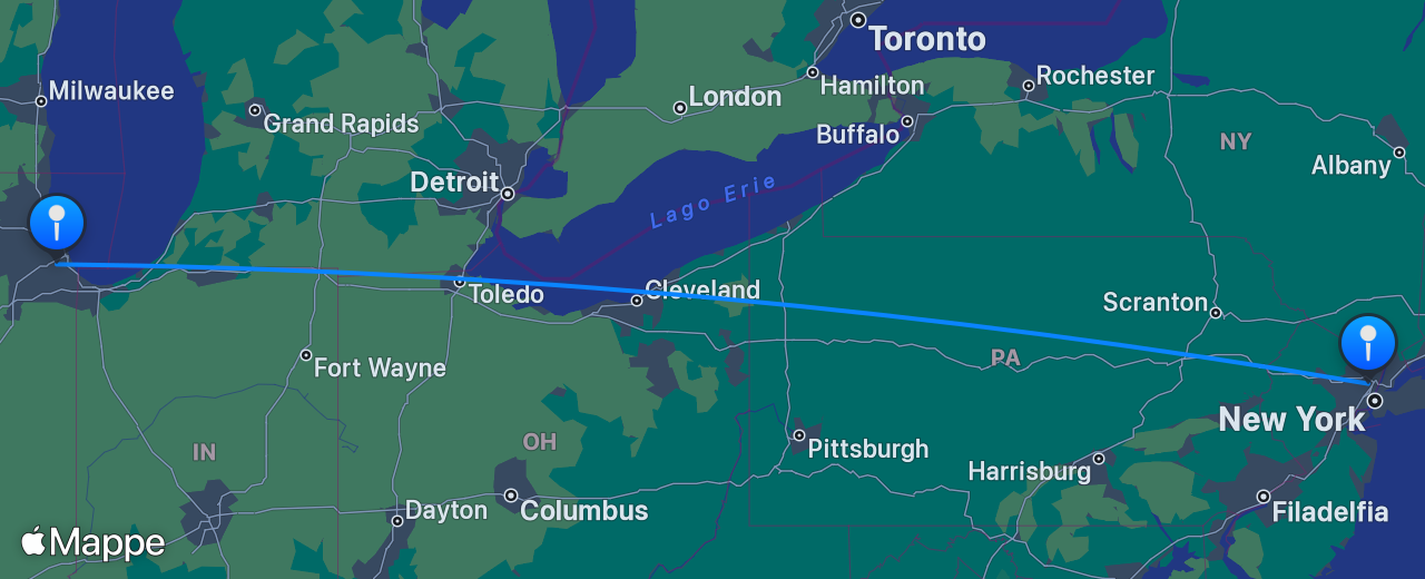 Mappa del volo da Chicago a New York