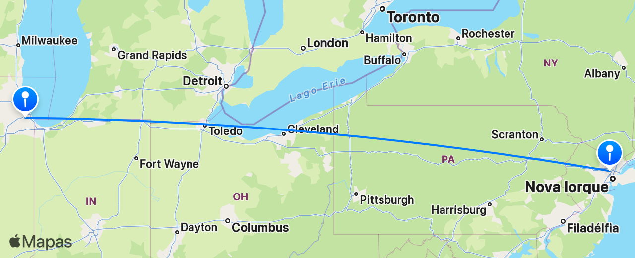 Mapa do voo de Nova York para Chicago