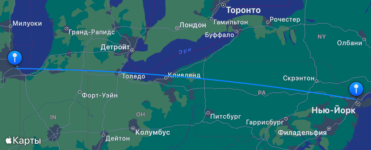 Карта перелёта Чикаго — Нью-Йорк