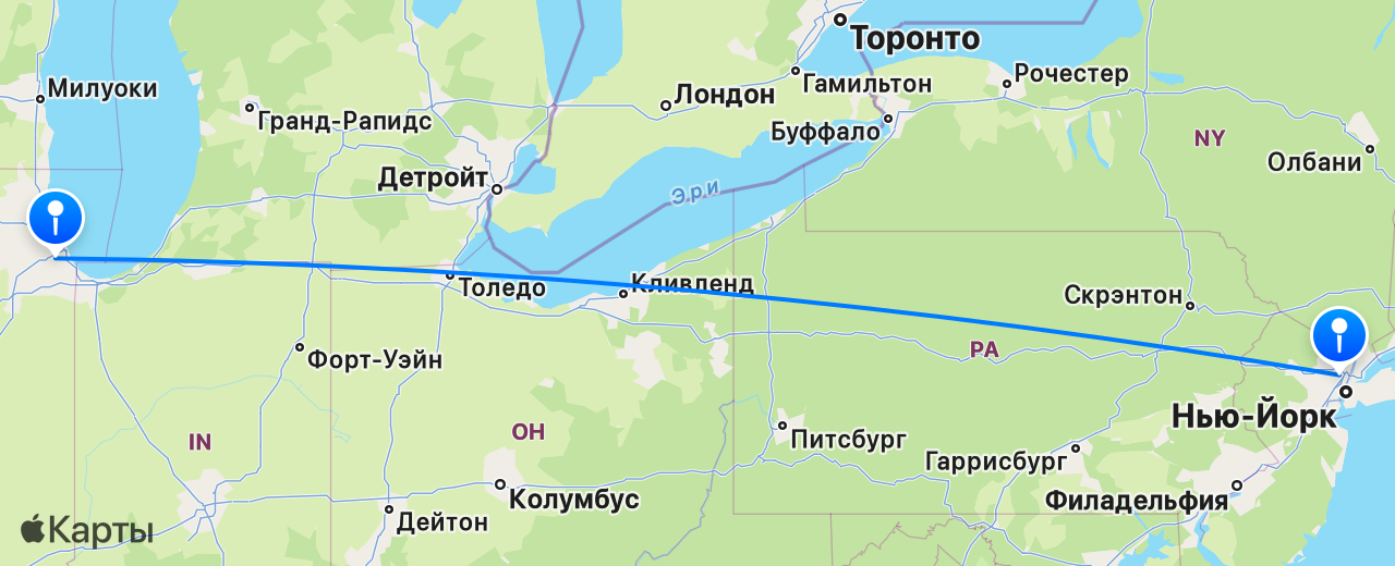 Карта перелёта Чикаго — Нью-Йорк
