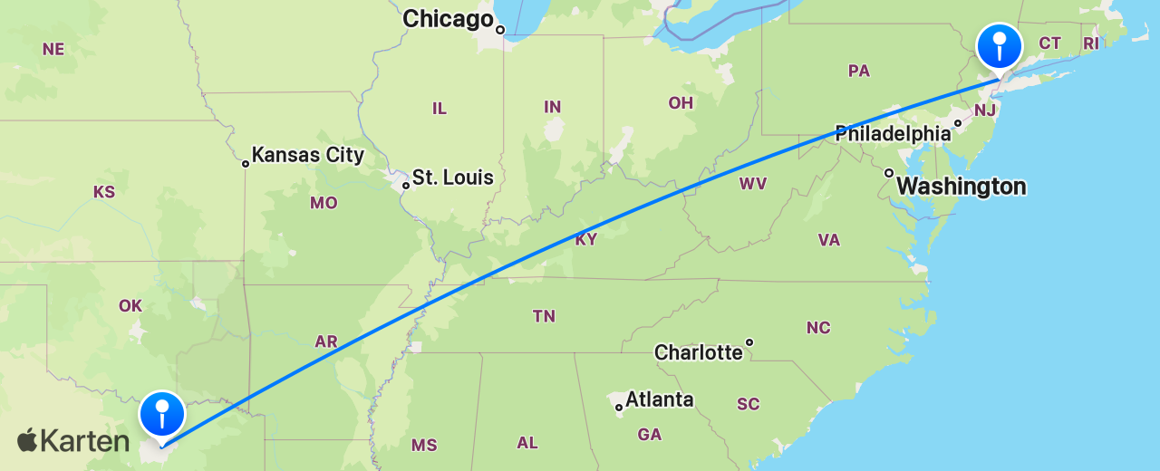Karte des Flugs von Dallas nach New York