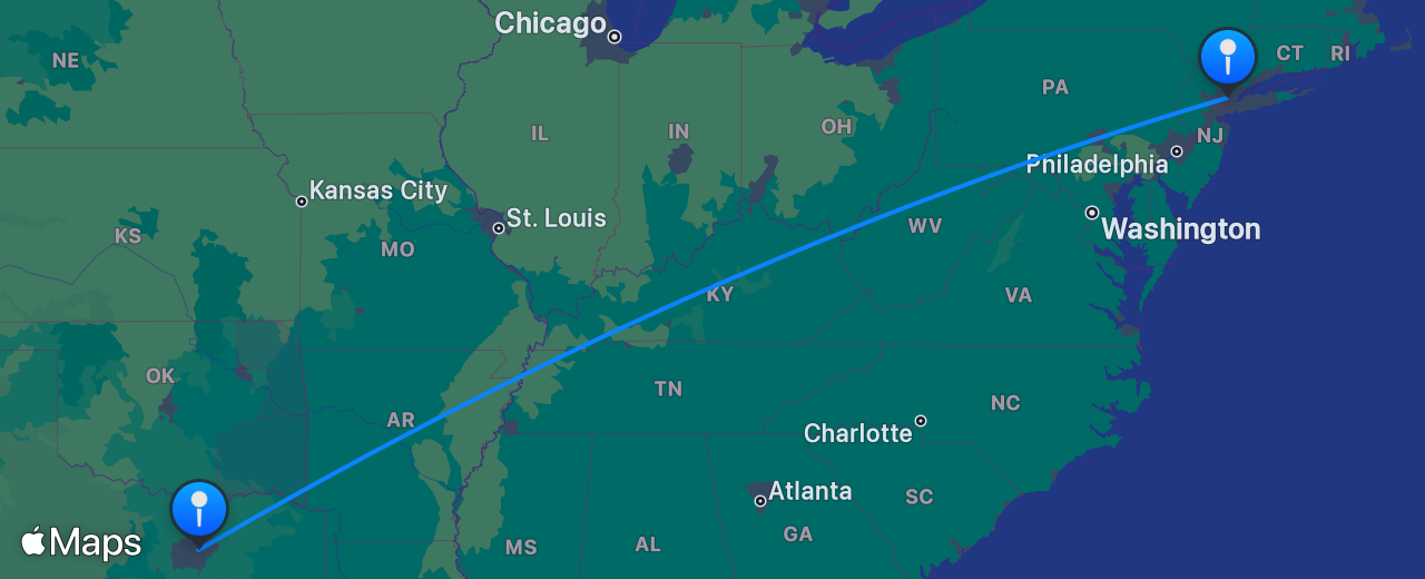 Map of the flight from New York to Dallas
