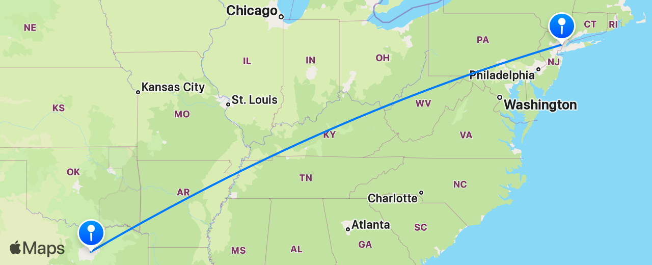Map of the flight from Dallas to New York