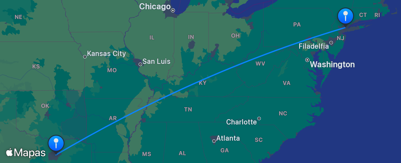 Mapa del vuelo de Nueva York a Dallas