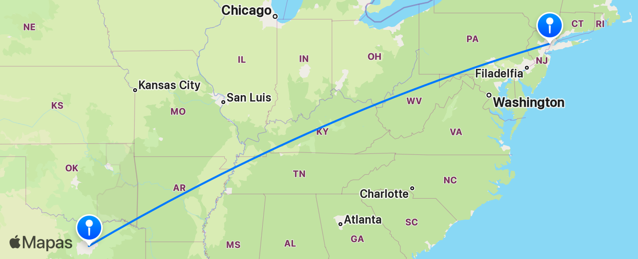 Mapa del vuelo de Nueva York a Dallas