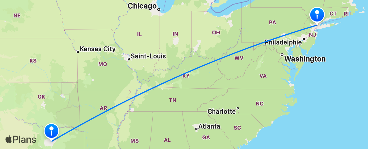 Carte du vol de Dallas vers New York