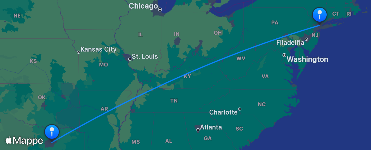 Mappa del volo da Dallas a New York