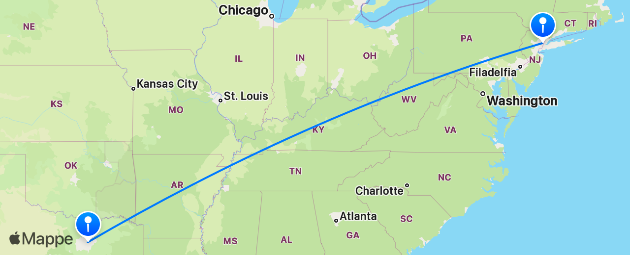 Mappa del volo da Dallas a New York
