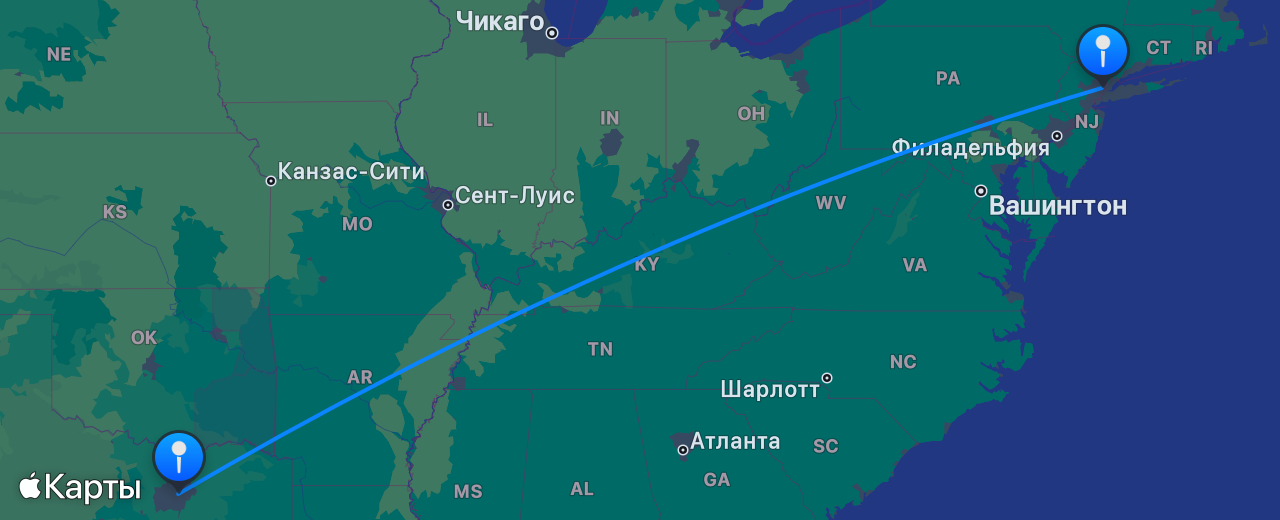 Карта перелёта Нью-Йорк — Даллас