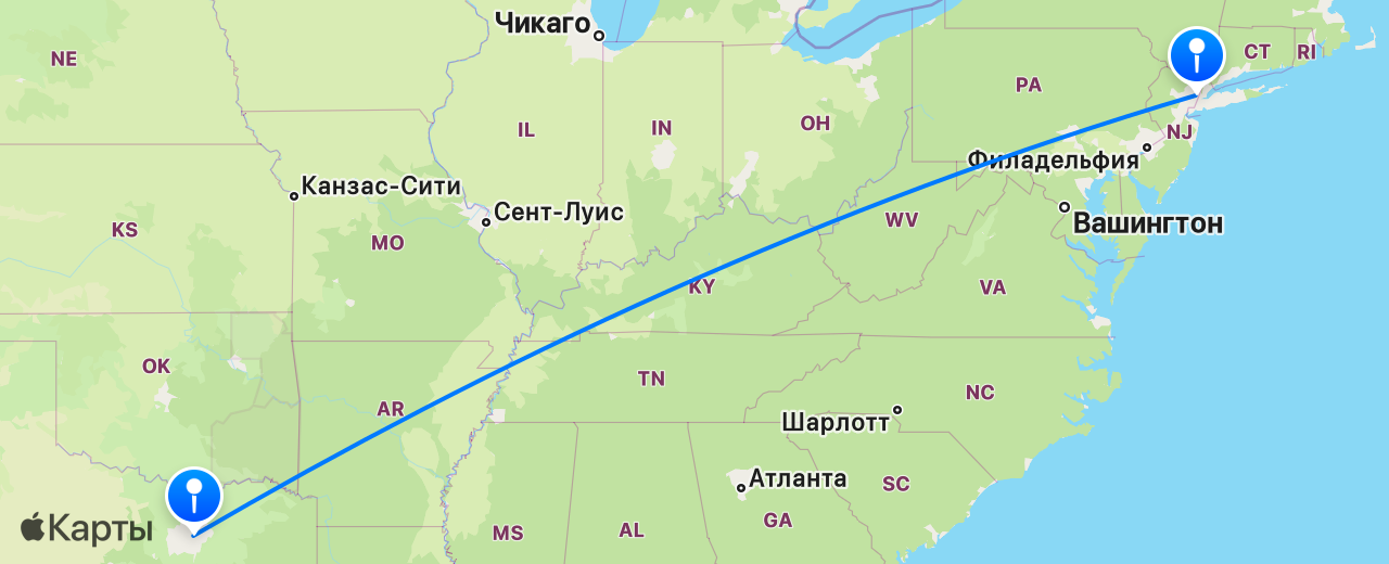 Карта перелёта Нью-Йорк — Даллас