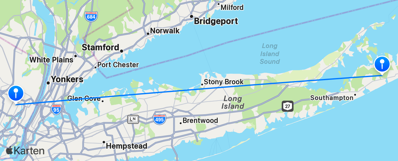 Karte des Flugs von East Hampton nach New York