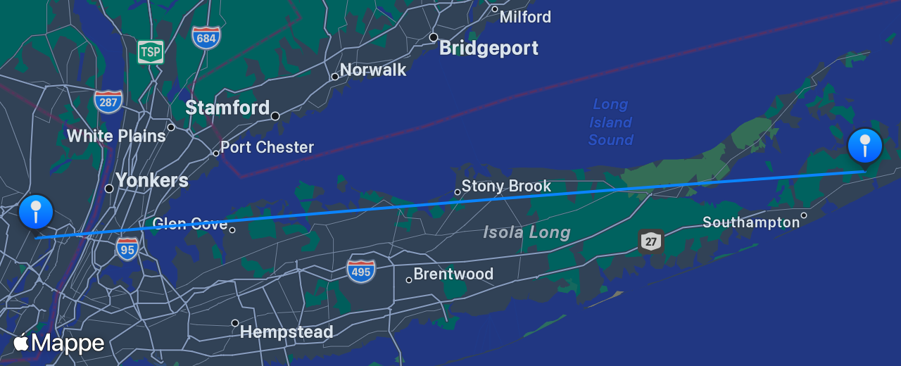 Mappa del volo da East Hampton a New York