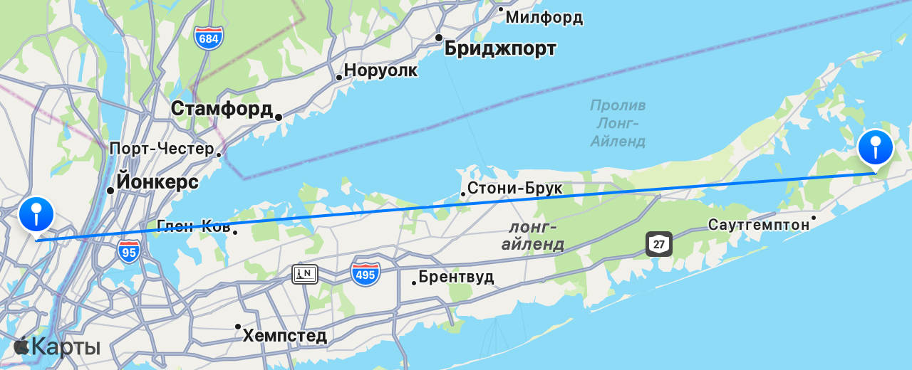 Карта перелёта Нью-Йорк — Ист-Хэмптон