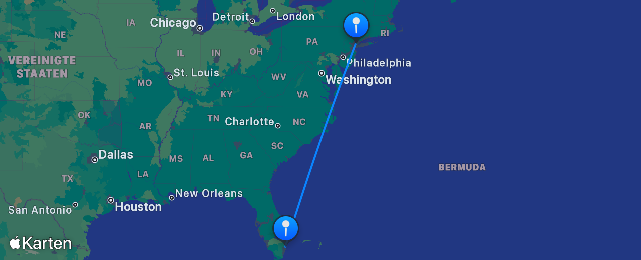 Karte des Flugs von New York nach Fort Lauderdale