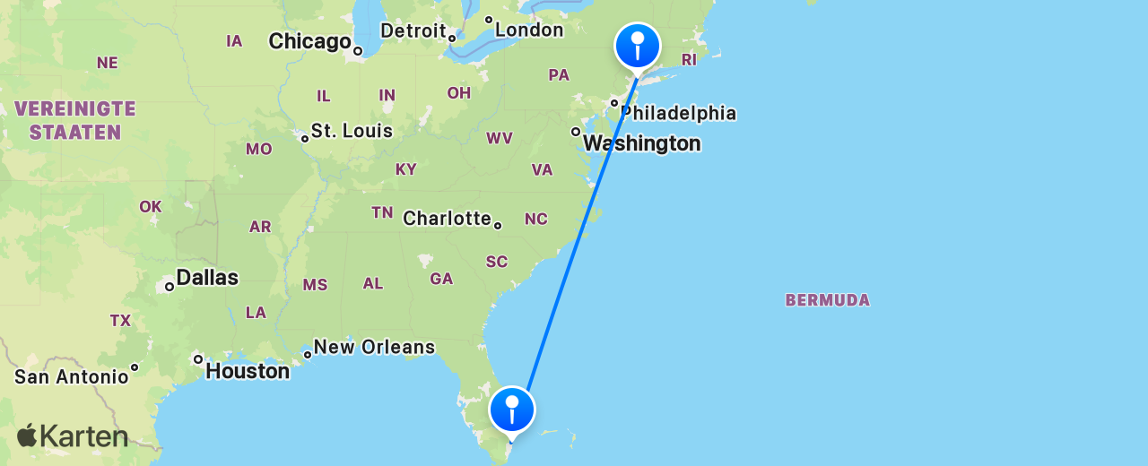 Karte des Flugs von New York nach Fort Lauderdale