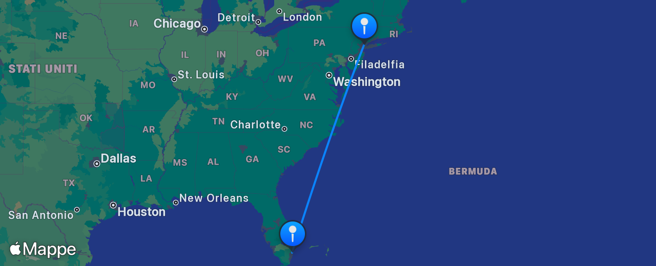Mappa del volo da New York a Fort Lauderdale