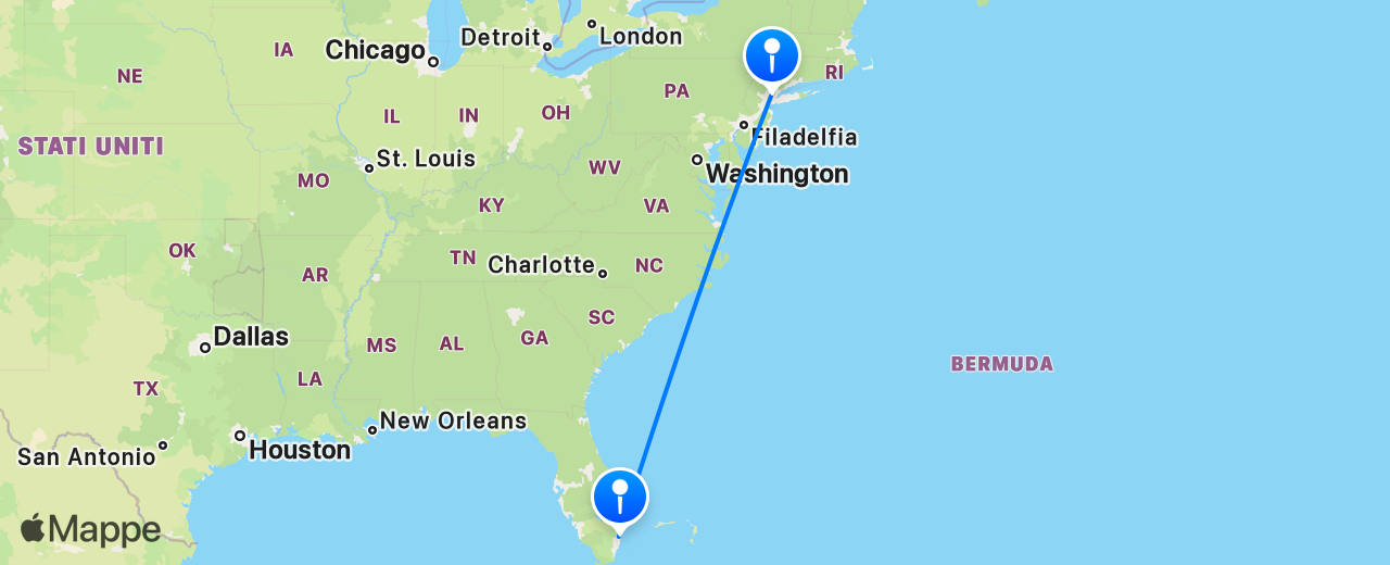Mappa del volo da New York a Fort Lauderdale