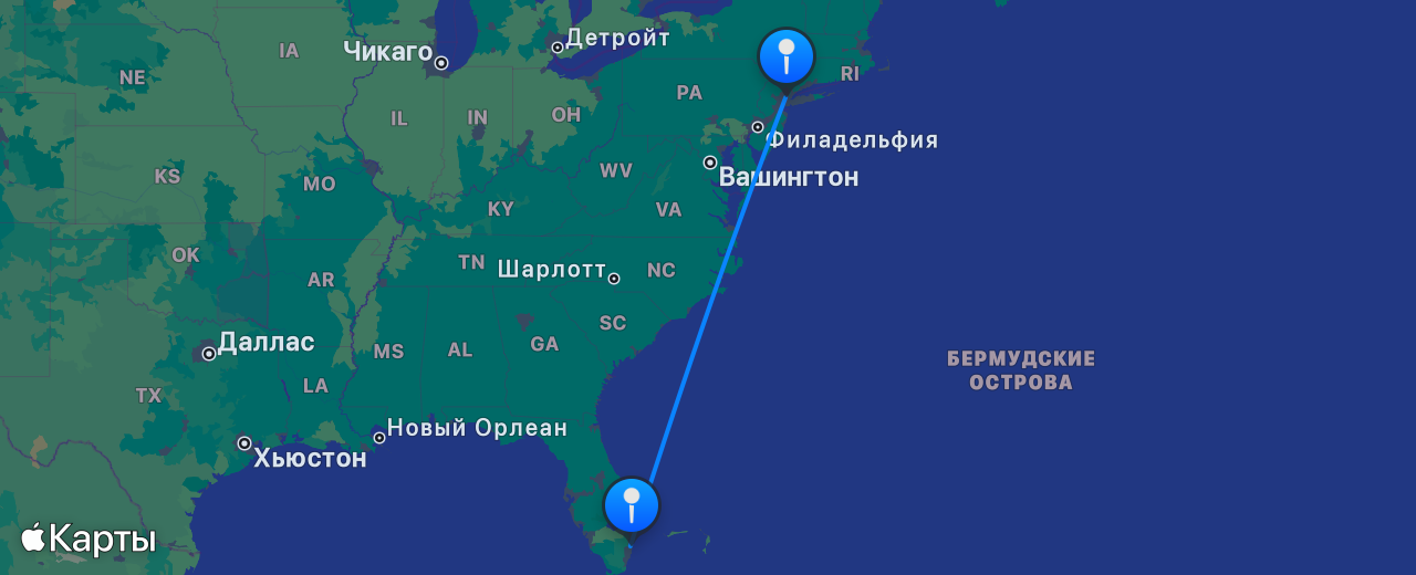 Карта перелёта Нью-Йорк — Форт-Лодердейл