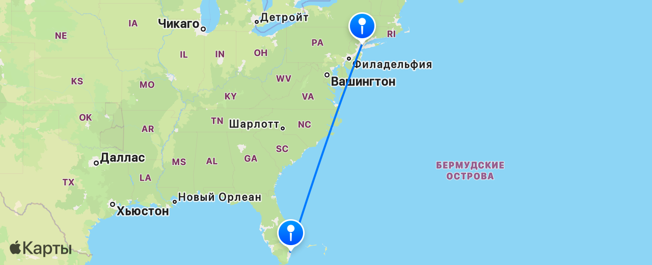 Карта перелёта Нью-Йорк — Форт-Лодердейл