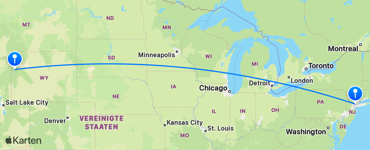 Karte des Flugs von Jackson Hole nach New York