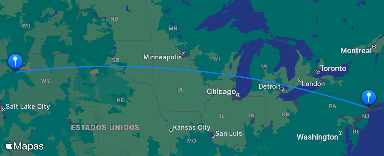 Mapa del vuelo de Jackson Hole a Nueva York