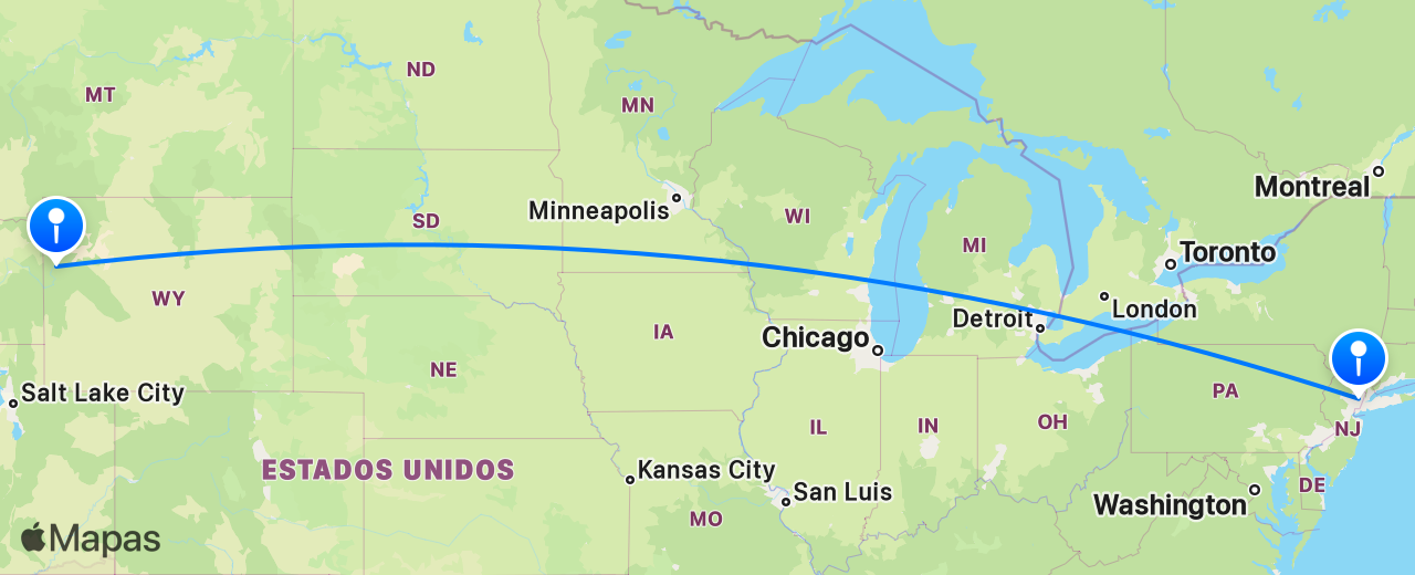 Mapa del vuelo de Jackson Hole a Nueva York