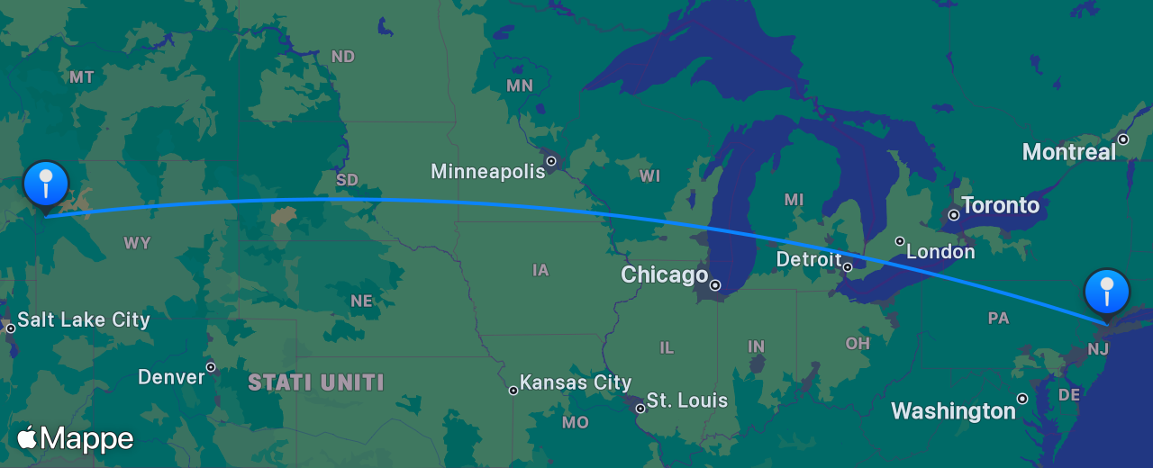 Mappa del volo da Jackson Hole a New York