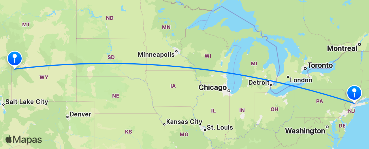 Mapa do voo de Nova York para Jackson Hole